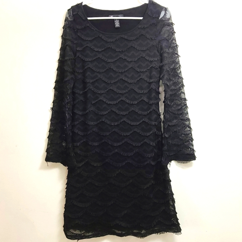 INC International Concepts Midi Dress Black Fringe Long Sleeve Size M